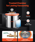 Front view of VEVOR 3-gallon stainless steel vacuum chamber with orange lid, gauge, and pump fittings.