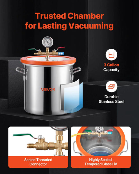 Front view of VEVOR 3-gallon stainless steel vacuum chamber with orange lid, gauge, and pump fittings.