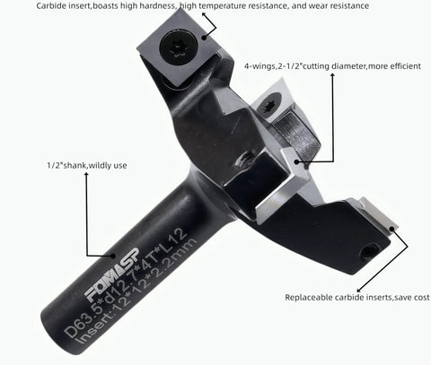 CNC Spoilboard Surfacing Router Bit With Half Inch Shank And Two And A Half Inch Cutting Diameter Replaceable Carbide Inserts