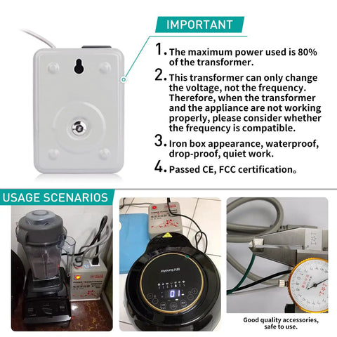 Heavy Duty 3000W Voltage Converter 110V To 220V, CE FCC certified, shown in various usage scenarios with appliances.