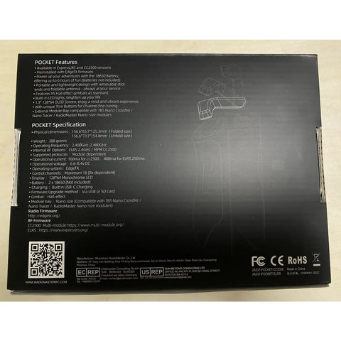 Back packaging of Pocket EdgeTX Gimbal Transmitter For FPV Drones with specifications and certifications visible.