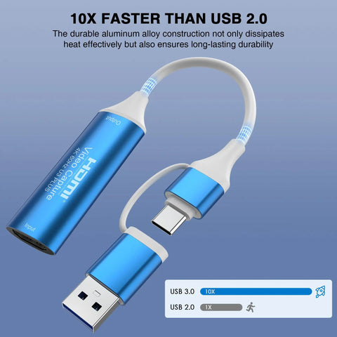 4K 60Hz HDMI Video Capture Card with USB 3.0 and USB 2.0 output, aluminum build, faster speed, smooth gameplay