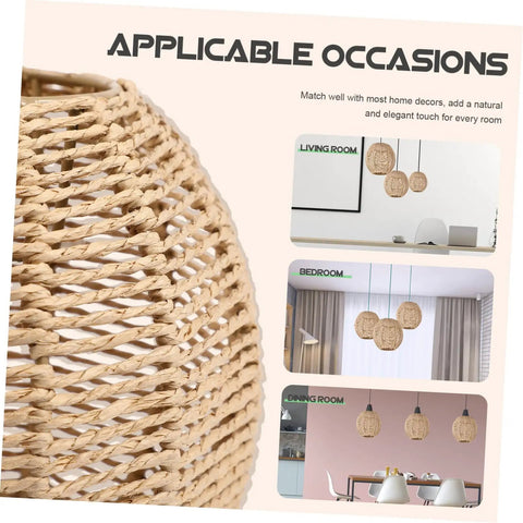 Set Of 3 Retro Rattan Woven Pendant Light Covers Boho Handwoven Natural Lamp Shades Bulb Guard Cages For Pendant Lights And Ceiling Fans Brown Home Decor displayed in living room, bedroom, and dining area