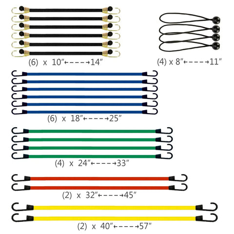 Beefy 24-Piece Bungee Cord Set In Storage Jar With 10, 18, 24, 32, 40 Inch Cords And 8 Inch Canopy Ties variety in colors and lengths