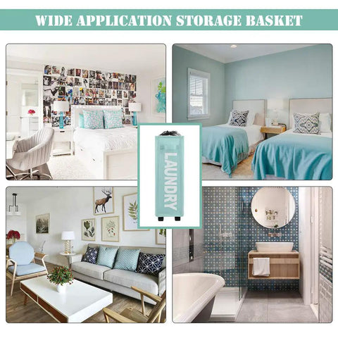 Slim Rolling Laundry Basket On Wheels With Handle in light blue shown in various stylish home settings for versatile storage.