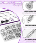 Rock Solid 170 Piece 304 Stainless Steel Screw Kit Packs 14 Sizes M3 To M6 with tamper proof design and sharp self-tapping heads.