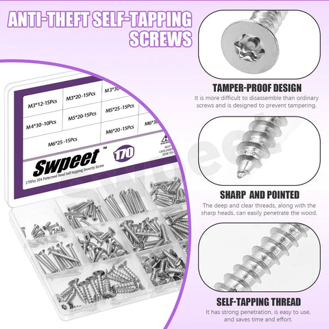 Rock Solid 170 Piece 304 Stainless Steel Screw Kit Packs 14 Sizes M3 To M6 with tamper proof design and sharp self-tapping heads.