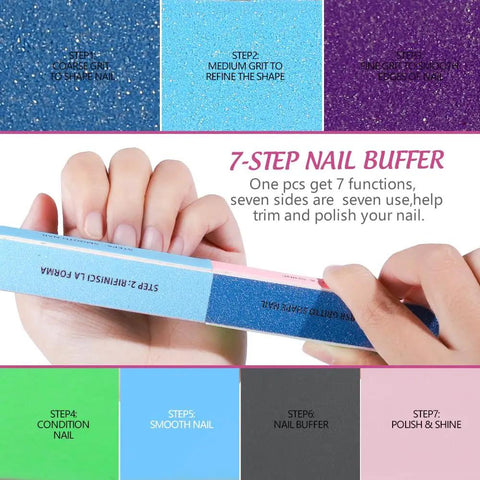 Hands holding blue 7-step nail buffer from All In One Nail Files And Buffers Kit 20Pcs with 7 way file and grit instructions.