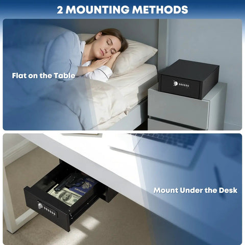 Heavy Duty Steel Under Desk Safe With Keypad Lock Featuring No Sweat Setup Hidden Slide Out Drawer to securely hide cash and valuables in two mounting options.