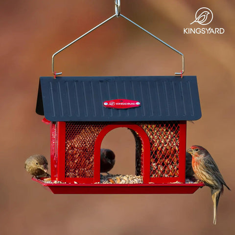 Outdoor Hanging Bird Feeder With Dual Mesh Compartments, Metal Seed Tray, and Weatherproof Roof, Red Finish, Birds Feeding