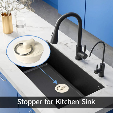 Image of a Heavy Duty Rubber Drain Stopper With Sturdy Pull Ring, Six Piece Set Of White Sink Plugs That Slickly Fit Most Bathtub And Kitchen Drains Daily in a kitchen sink.