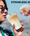 Woman using 16 Oz Clear Plastic Cups With Lids 50 Pack For Iced Coffee And Cold Drinks Strawless Sip Lids Perfect For Parties