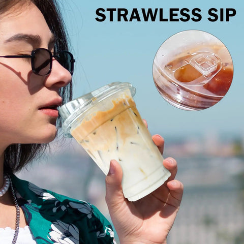 Woman using 16 Oz Clear Plastic Cups With Lids 50 Pack For Iced Coffee And Cold Drinks Strawless Sip Lids Perfect For Parties