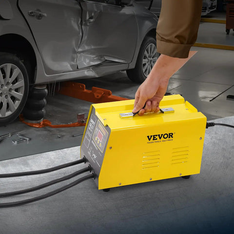 Spot Weld Dent Puller Kit With 300W Stud Welder, Heat Gun, Auto And Manual Welding Modes, 110V in workshop next to dented car panel