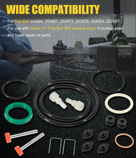 Fire Ball 300 Repair Kit 238286 for 5:1 pumps showing included O-rings, seals, and components for Graco models 203857, 203872.