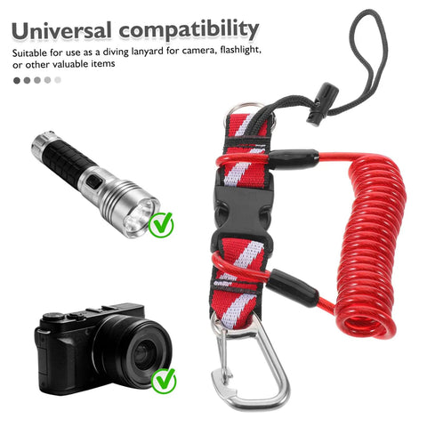Coiled Diving Lanyard With Quick Release Buckle For Underwater Camera And Flashlight Securement, Red Scuba Webbing Strap, Steel Spring Tether Built For Durable Marine Dives And Fishing Adventures. Image shows lanyard with camera and flashlight compatibility.