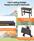 Folding Grill Table For 17 Inch And 22 Inch Griddles, Tailgate Ready Portable Grill Cart with wheels, tool-free setup demonstration