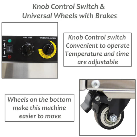 Knob Control Switch and Universal Wheels with Brakes on Tough as Nails 304 Stainless 60 Tray Food Dehydrator 3000W.
