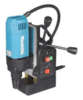 Front view of Makita HB350 1-3/8 inch magnetic drill; blue housing with control switch