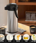 68 Oz Thermal Coffee Carafe With Pump Stainless Steel Insulated Dispenser in kitchen setting with various drinks