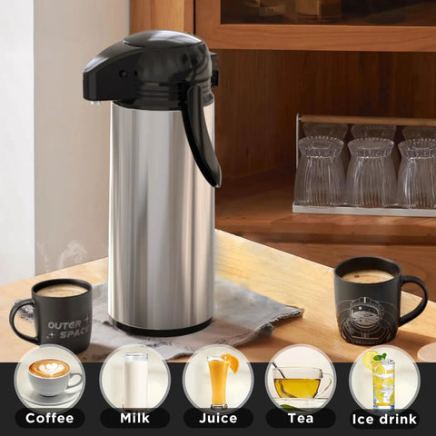 68 Oz Thermal Coffee Carafe With Pump Stainless Steel Insulated Dispenser in kitchen setting with various drinks