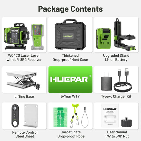 4D Self Leveling Green Laser Level With Receiver For Construction And Framing 360 Degree Cross Lines 400 Ft Range Job Site Tough Dead On Target Pro Rig For Tiling And Flooring package contents overview including laser level, receiver, case, and accessories.