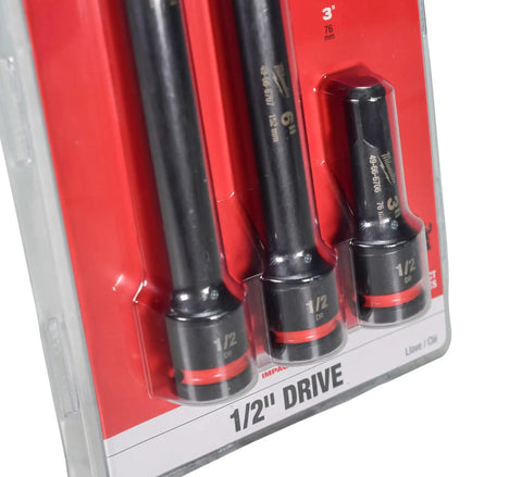 Shockwave Impact Duty Half Inch Drive Extension Set 3 Piece Forged Steel Drive Extensions For High Torque, Dual Hole Design