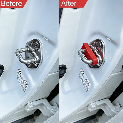 Before and after installation of Heavy Duty Silicone Car Door Slam Stoppers And Quiet Close Pads on a truck door.