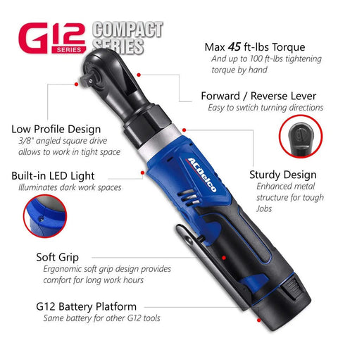 Image of 12V Cordless 3/8 Inch Ratchet Wrench Kit With 45 Ft Lbs Torque Built In Led Light Alloy Steel Head Lightweight Power Tool