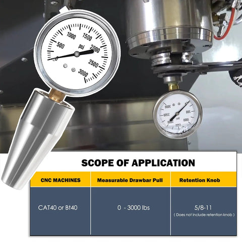 Drawbar Pull Gauge For CNC Spindles Direct Readout 0 To 3000 Lbs Five Eighths Inch Eleven Thread Retention Knob Works On CAT40 And BT40 CNC Machines Heavy Duty Spindle Pull Test Meter For Precise Readings, gauge on CNC spindle