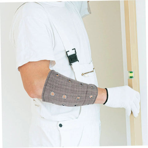 Heavy Duty Cut Resistant Wrist Sleeves For Men And Women Beefy Arm Guards Featuring Snag Free Flex and Abrasion Block Cover worn while leveling a door.