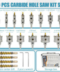 20-Piece TCT Hole Saw Kit With Carbide Bits, 1/2 Inch To 2-1/4 Inch Sizes, tools and case displayed
