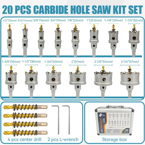 20-Piece TCT Hole Saw Kit With Carbide Bits, 1/2 Inch To 2-1/4 Inch Sizes, tools and case displayed