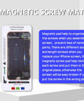 Magnetic screw mat for organizing screws during iPhone screen replacement, showing layout for iPhone 7, 7 Plus, and others.