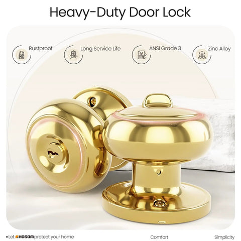 Heavy-duty gold door lock with keyed entry, showcasing rustproof zinc alloy construction and ANSI Grade 3 rating.