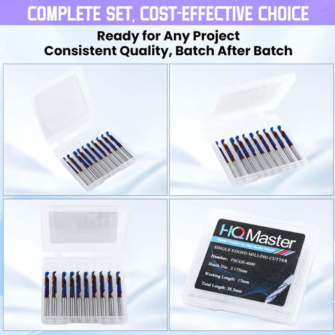 HQMaster 10pc O-flute CNC router bit set in clear case; 1/8 in shank, tungsten carbide upcut single-edged bits