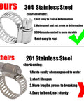 Front view: two hose clamps, top 304 stainless steel 0.3–0.5 in worm-gear, bottom 201 stainless steel.