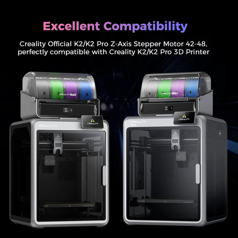 Front view of two Creality K2/K2 Pro 3D printers with transparent front panels and colorful filament spools on top.