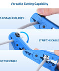 Close-up of Two Pack Tough As Nails Wire Strippers with blue handles and adjustable blade cutting thick wire.