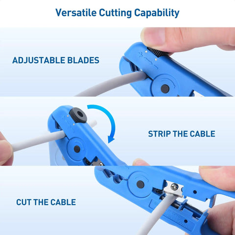 Close-up of Two Pack Tough As Nails Wire Strippers with blue handles and adjustable blade cutting thick wire.