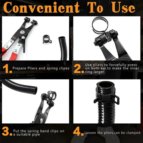 Guide for using Pro Grade Spring Hose Clamp Kit 355 Piece Set With Swivel Flat Nose Pliers And Removal Tool on hoses.