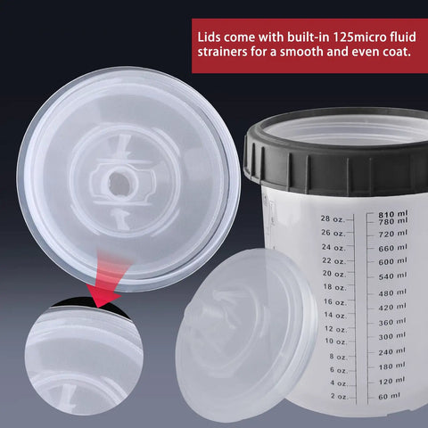 Save Yourself Some Grief With These Disposable Hvlp Paint Sprayer Mixing Cups Kit showing lid with built-in 125 micro fluid strainers.