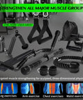 Lat Pulldown Attachments Set For Home Gym with bars, ropes, handles, grips, straps, and storage bag displayed in a gym setting