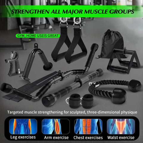 Lat Pulldown Attachments Set For Home Gym with bars, ropes, handles, grips, straps, and storage bag displayed in a gym setting
