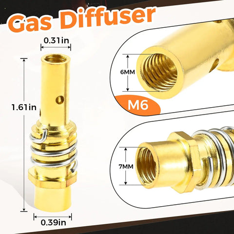 Gas diffuser for welding, 1.61in, M6 thread, brass material, non-stick design ensuring efficient gas flow for welding tasks.