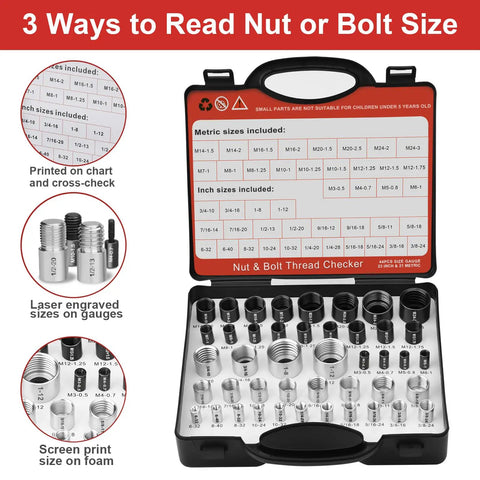 44 Piece Nut And Bolt Thread Gauge Set For Tight Spaces With Individual Thread Checkers In Standard And Metric Sizes, Handy And Easy Read Bolt Size Identifier For DIYers And Pros, showing open case with organized gauges.