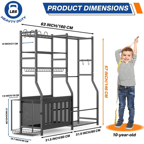 Heavy Duty Garage Sports Organizer All In One Golf Bag Rack And Multi Sport Ball Holder dimensions shown with child for scale