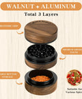 AWANSO 3-piece walnut wood and aluminum spice grinder, exploded view showing lid, grinding teeth, and bottom storage