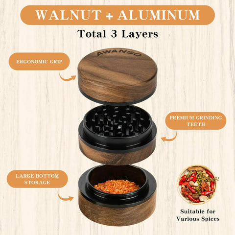 AWANSO 3-piece walnut wood and aluminum spice grinder, exploded view showing lid, grinding teeth, and bottom storage