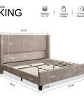 Top Tier King Size Bed Frame Featuring Fifty Point Eight Inch Padded Corduroy Wingback Headboard with dimensions and design details.